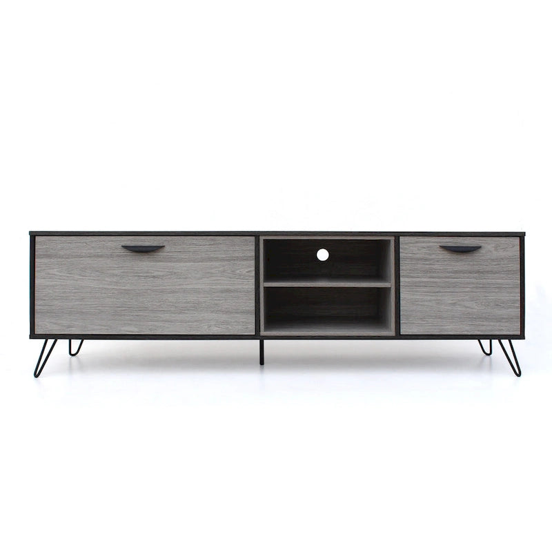 Meuble TV de style industriel de 71 pouces avec armoire rabattable et 2 étagères, gris, convient aux téléviseurs jusqu'à 79 pouces