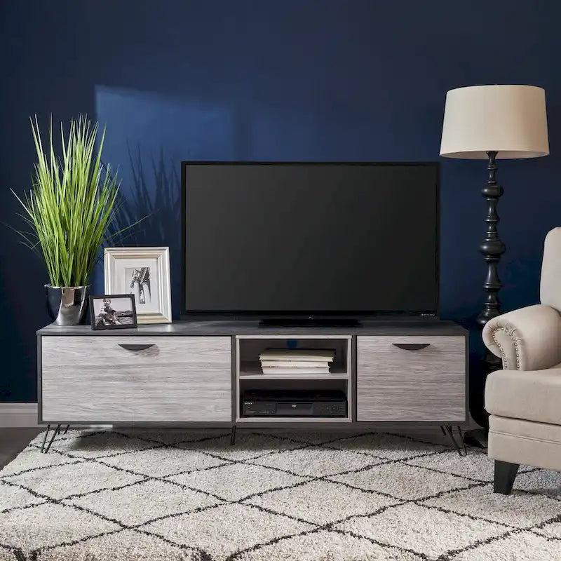 Meuble TV de style industriel de 71 pouces avec armoire rabattable et 2 étagères, gris, convient aux téléviseurs jusqu'à 79 pouces