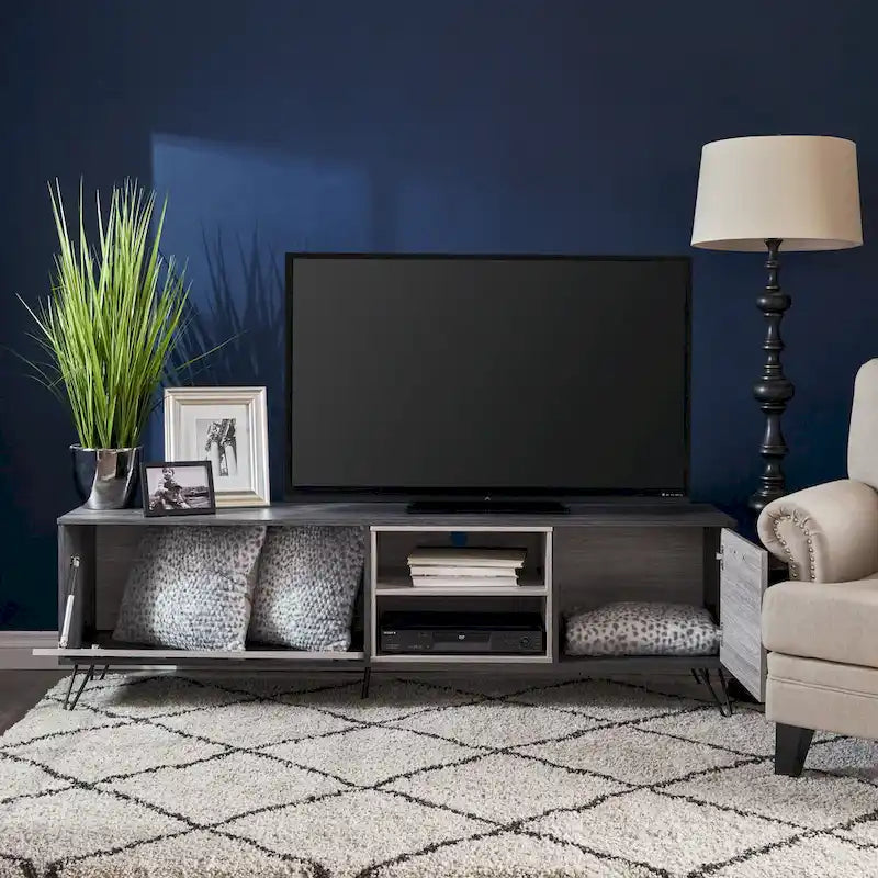 Meuble TV de style industriel de 71 pouces avec armoire rabattable et 2 étagères, gris, convient aux téléviseurs jusqu'à 79 pouces