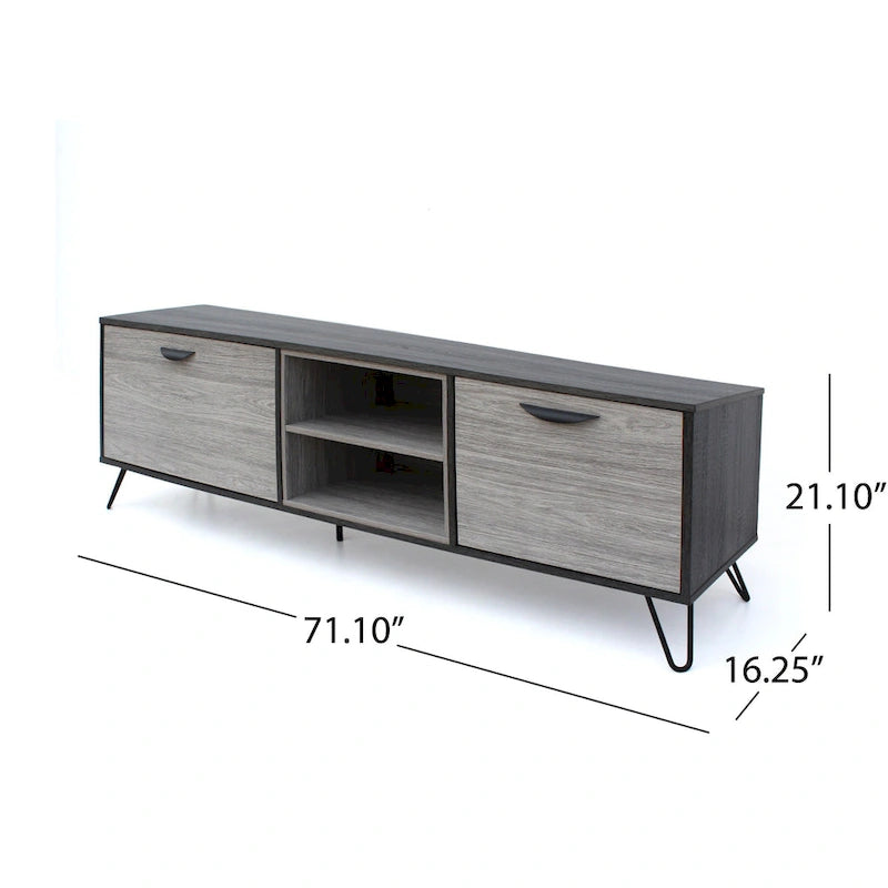 Meuble TV de style industriel de 71 pouces avec armoire rabattable et 2 étagères, gris, convient aux téléviseurs jusqu'à 79 pouces