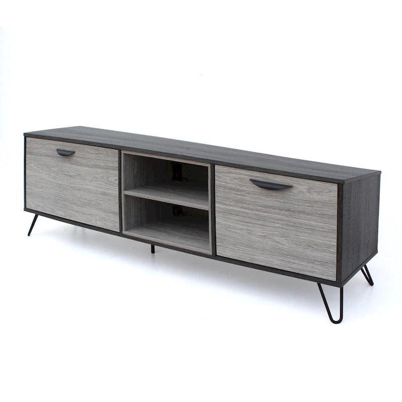 Meuble TV de style industriel de 71 pouces avec armoire rabattable et 2 étagères, gris, convient aux téléviseurs jusqu'à 79 pouces