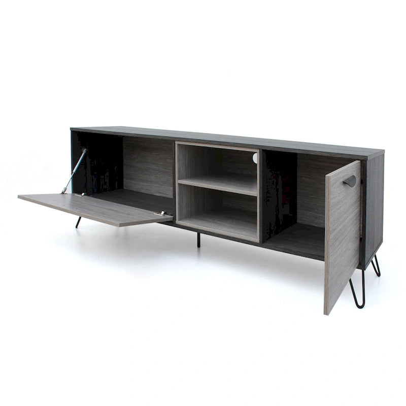 Meuble TV de style industriel de 71 pouces avec armoire rabattable et 2 étagères, gris, convient aux téléviseurs jusqu'à 79 pouces