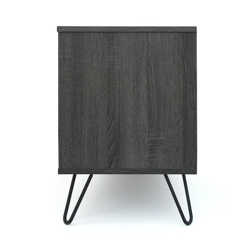 Meuble TV de style industriel de 71 pouces avec armoire rabattable et 2 étagères, gris, convient aux téléviseurs jusqu'à 79 pouces