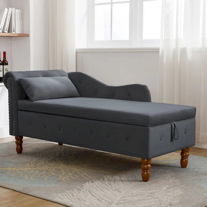 Chauffeuse capitonnée en velours de 58 po avec rangement dissimulé et garniture cloutée, noire, une place