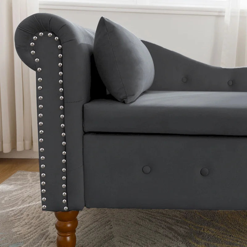 Chauffeuse capitonnée en velours de 58 po avec rangement dissimulé et garniture cloutée, noire, une place