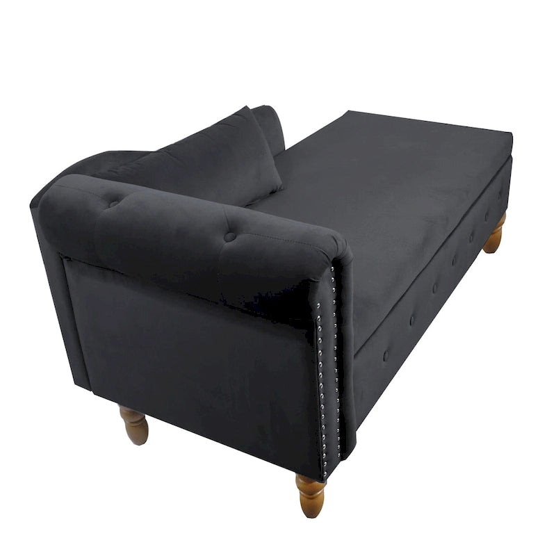 Chauffeuse capitonnée en velours de 58 po avec rangement dissimulé et garniture cloutée, noire, une place