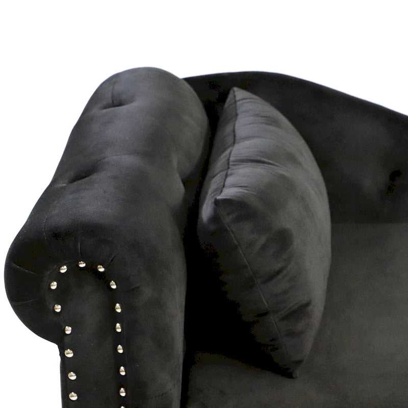 Chauffeuse capitonnée en velours de 58 po avec rangement dissimulé et garniture cloutée, noire, une place