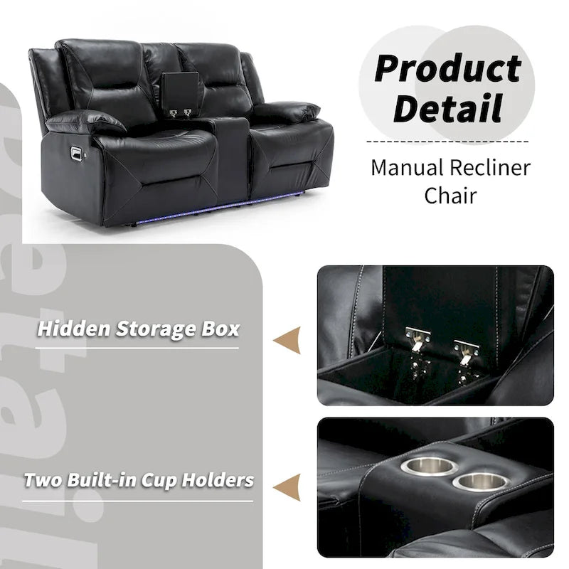 Canapé inclinable manuel 2 places avec bande LED, porte-gobelets et rangement, gris / noir, 2 places