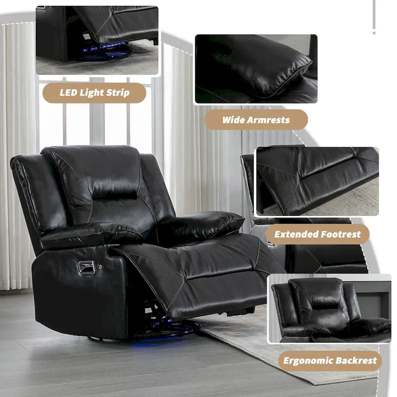 Canapé inclinable manuel 2 places avec bande LED, porte-gobelets et rangement, gris / noir, 2 places