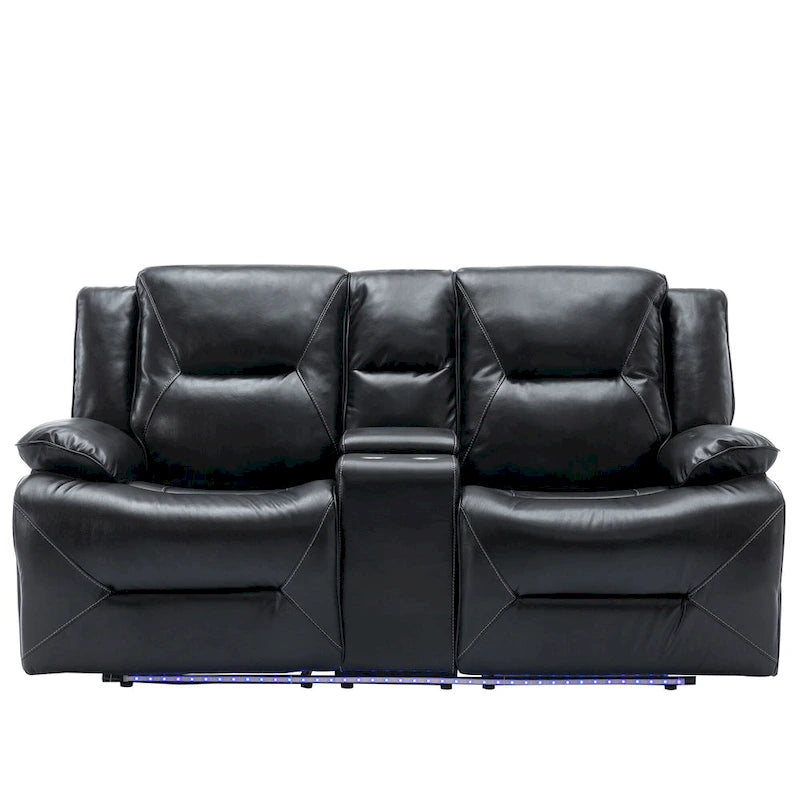 Canapé inclinable manuel 2 places avec bande LED, porte-gobelets et rangement, gris / noir, 2 places