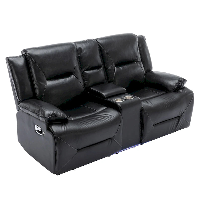 Canapé inclinable manuel 2 places avec bande LED, porte-gobelets et rangement, gris / noir, 2 places