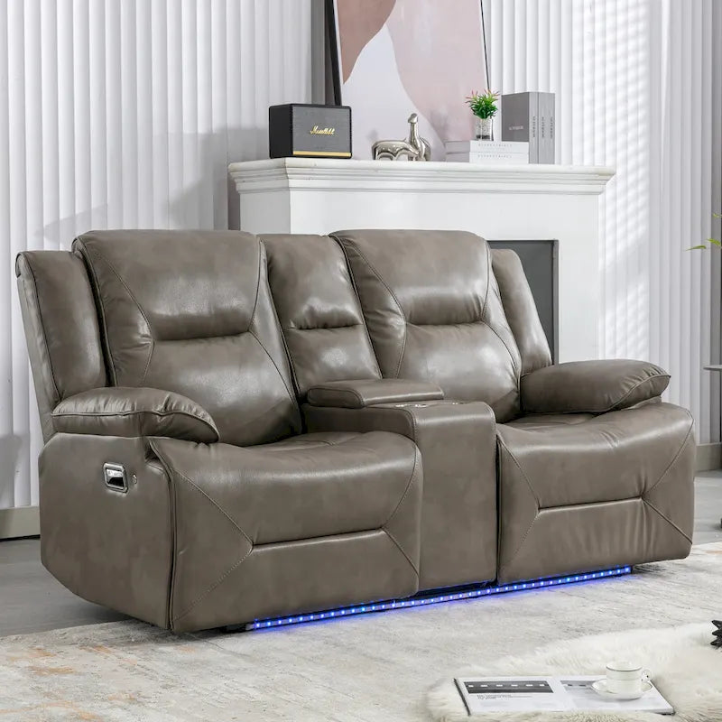 Canapé inclinable manuel 2 places avec bande LED, porte-gobelets et rangement, gris / noir, 2 places