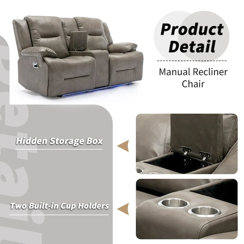 Canapé inclinable manuel 2 places avec bande LED, porte-gobelets et rangement, gris / noir, 2 places