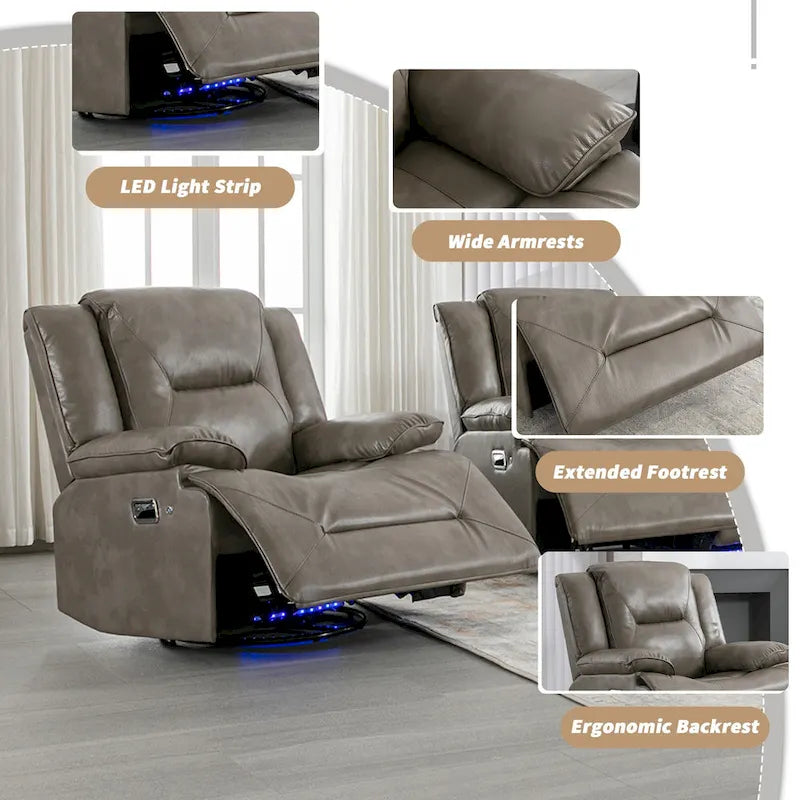 Canapé inclinable manuel 2 places avec bande LED, porte-gobelets et rangement, gris / noir, 2 places