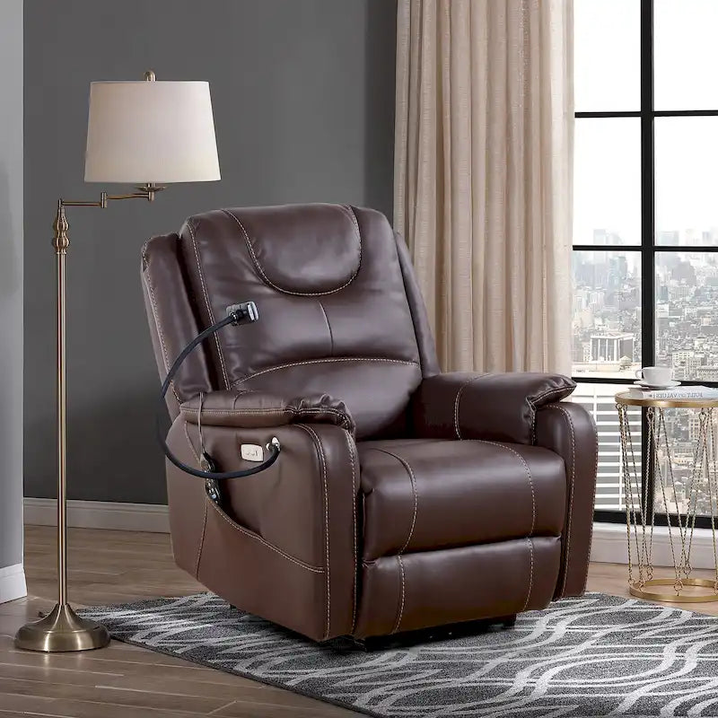 Fauteuil inclinable électrique avec massage, chaleur lombaire et port USB, noir/marron, une place