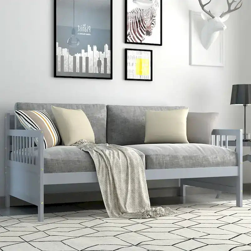 Cadre de lit de repos en bois à lattes, taille double, avec 3 barrières, marron / gris / blanc