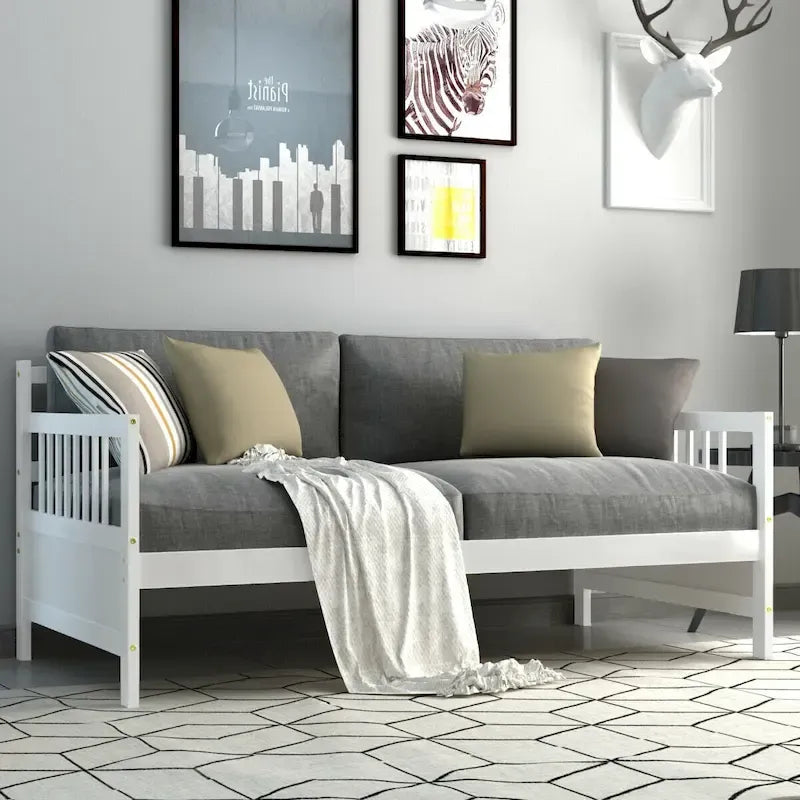 Cadre de lit de repos en bois à lattes, taille double, avec 3 barrières, marron / gris / blanc