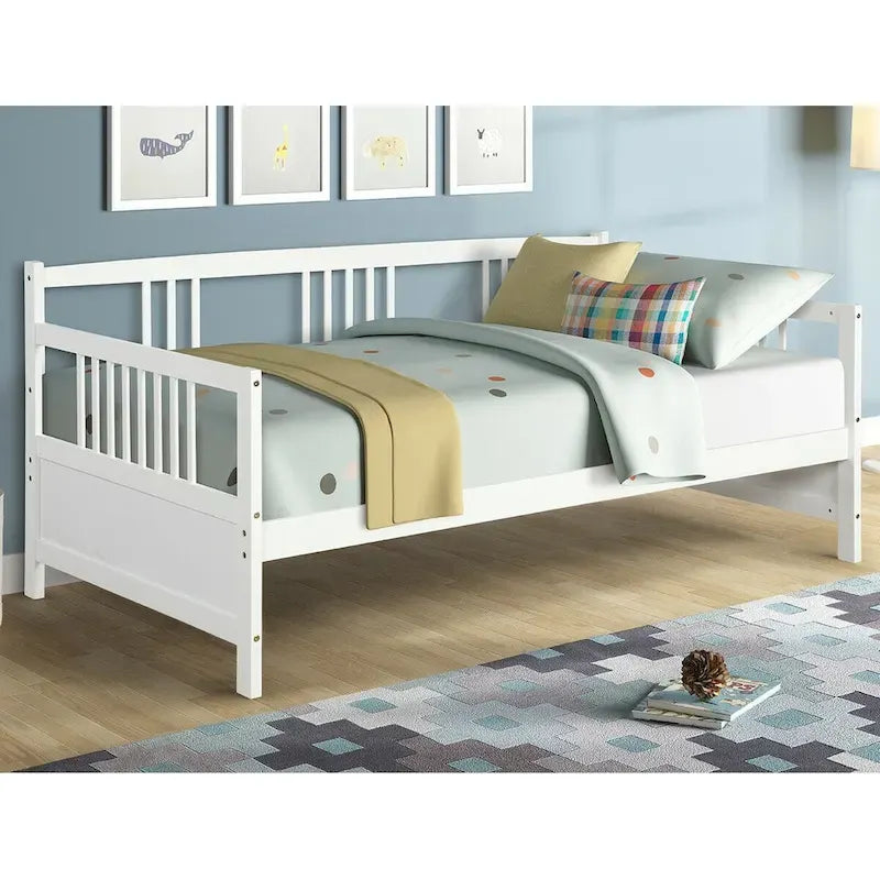 Cadre de lit de repos en bois à lattes, taille double, avec 3 barrières, marron / gris / blanc