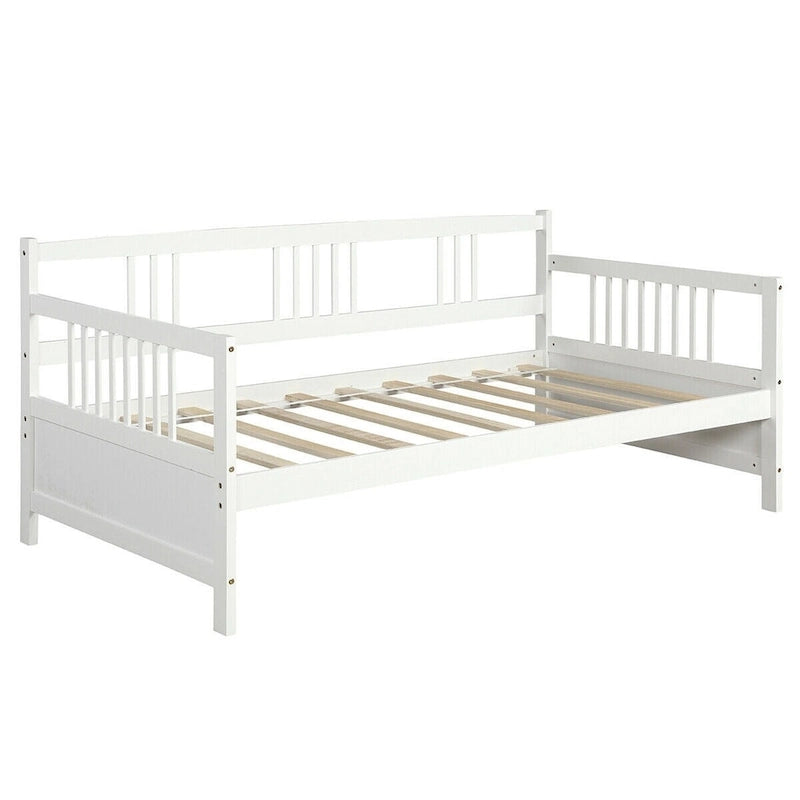 Cadre de lit de repos en bois à lattes, taille double, avec 3 barrières, marron / gris / blanc
