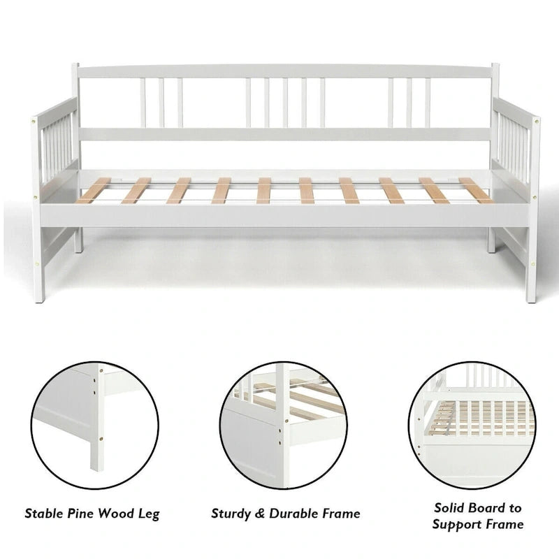 Cadre de lit de repos en bois à lattes, taille double, avec 3 barrières, marron / gris / blanc