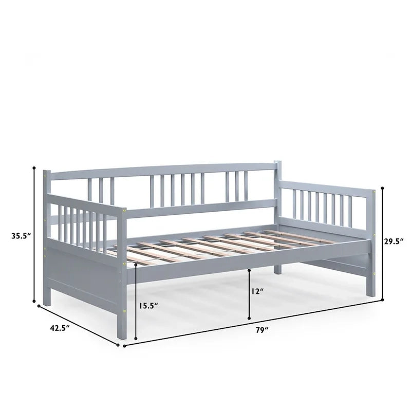 Cadre de lit de repos en bois à lattes, taille double, avec 3 barrières, marron / gris / blanc