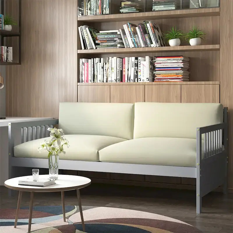 Cadre de lit de repos en bois à lattes, taille double, avec 3 barrières, marron / gris / blanc