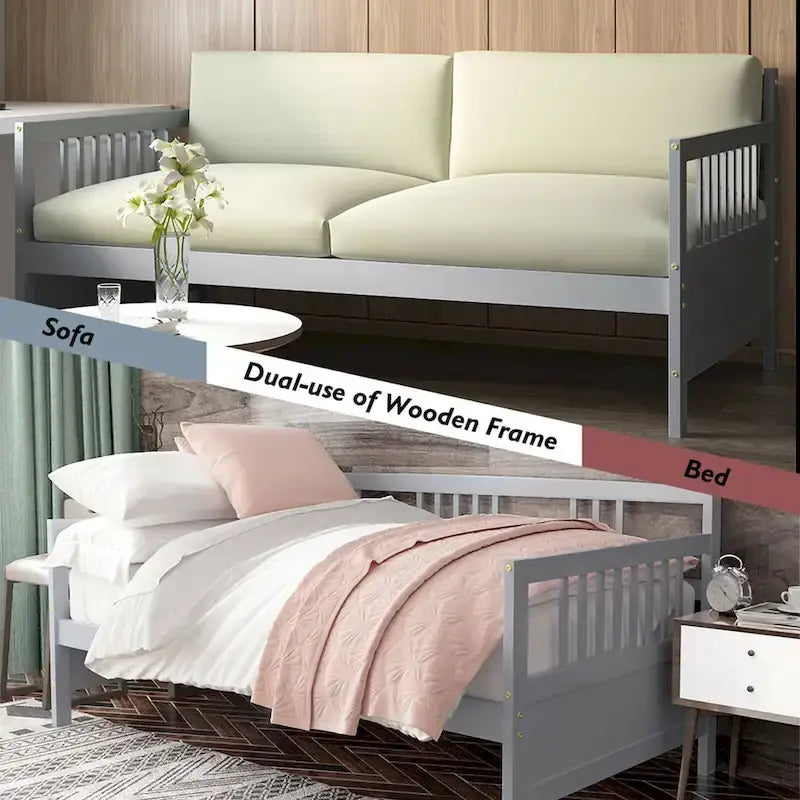 Cadre de lit de repos en bois à lattes, taille double, avec 3 barrières, marron / gris / blanc