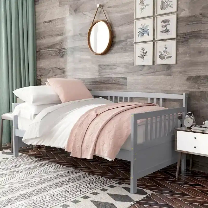 Cadre de lit de repos en bois à lattes, taille double, avec 3 barrières, marron / gris / blanc