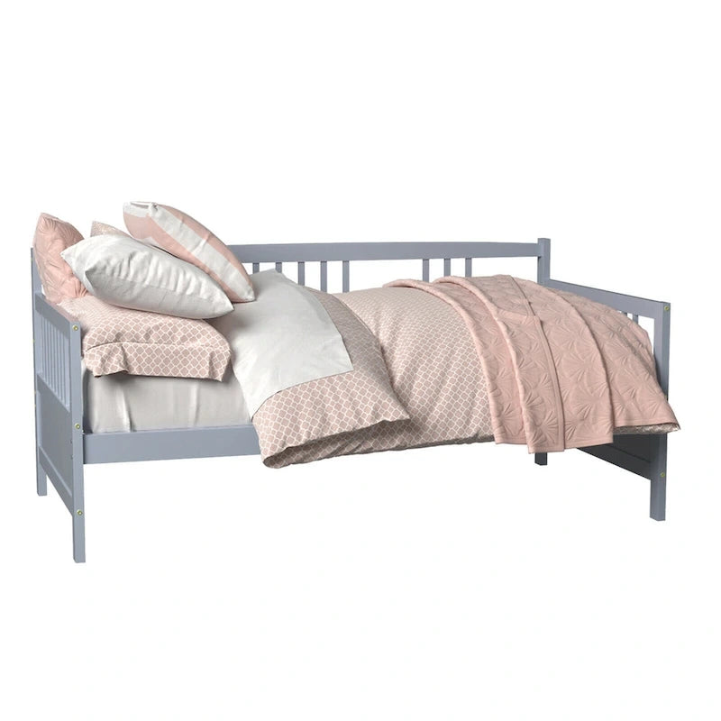 Cadre de lit de repos en bois à lattes, taille double, avec 3 barrières, marron / gris / blanc