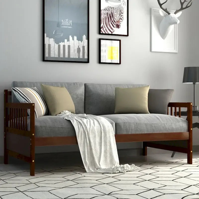 Cadre de lit de repos en bois à lattes, taille double, avec 3 barrières, marron / gris / blanc