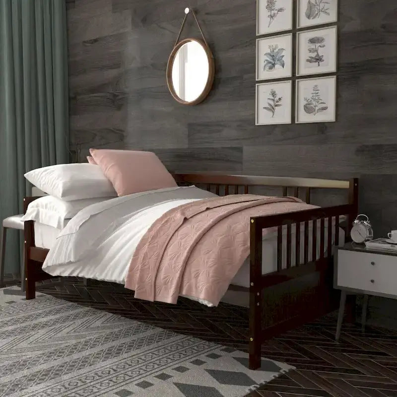 Cadre de lit de repos en bois à lattes, taille double, avec 3 barrières, marron / gris / blanc