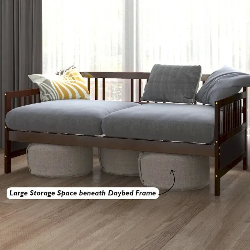 Cadre de lit de repos en bois à lattes, taille double, avec 3 barrières, marron / gris / blanc