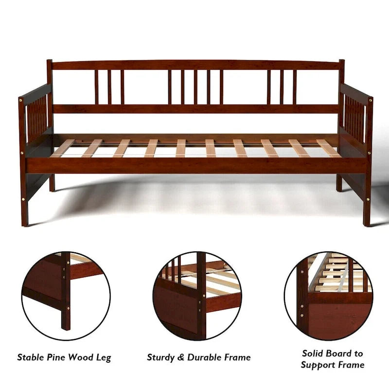 Cadre de lit de repos en bois à lattes, taille double, avec 3 barrières, marron / gris / blanc