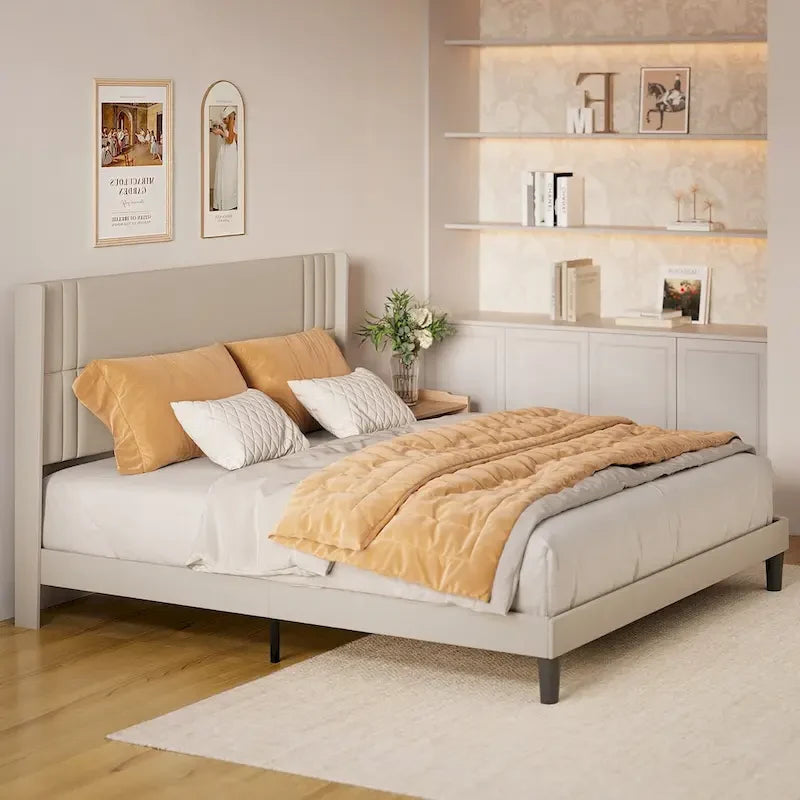 Cadre de lit plateforme capitonné à oreilles, beige / blanc / gris foncé, grand lit / très grand lit