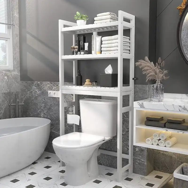Étagère de rangement 3 niveaux en bambou à installer au-dessus des toilettes, avec 3 crochets, blanc / expresso / naturel / noir