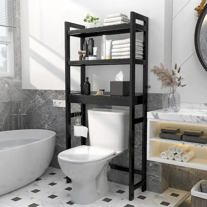 Étagère de rangement 3 niveaux en bambou à installer au-dessus des toilettes, avec 3 crochets, blanc / expresso / naturel / noir