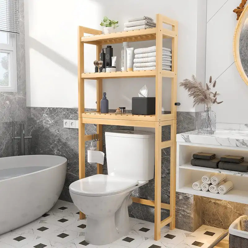 Étagère de rangement 3 niveaux en bambou à installer au-dessus des toilettes, avec 3 crochets, blanc / expresso / naturel / noir