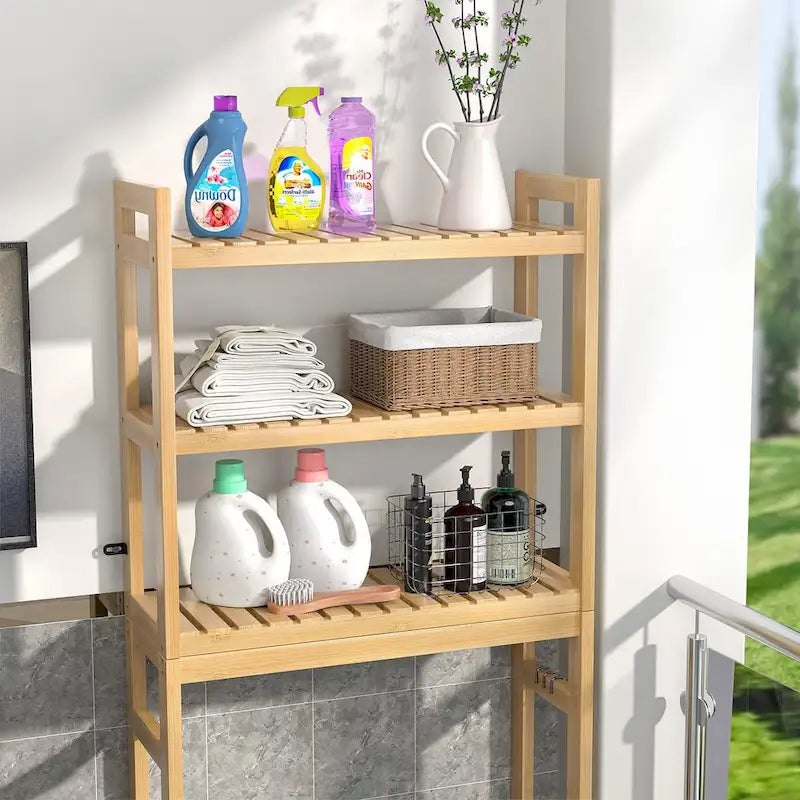 Étagère de rangement 3 niveaux en bambou à installer au-dessus des toilettes, avec 3 crochets, blanc / expresso / naturel / noir