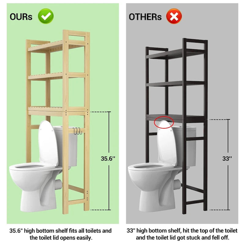 Étagère de rangement 3 niveaux en bambou à installer au-dessus des toilettes, avec 3 crochets, blanc / expresso / naturel / noir