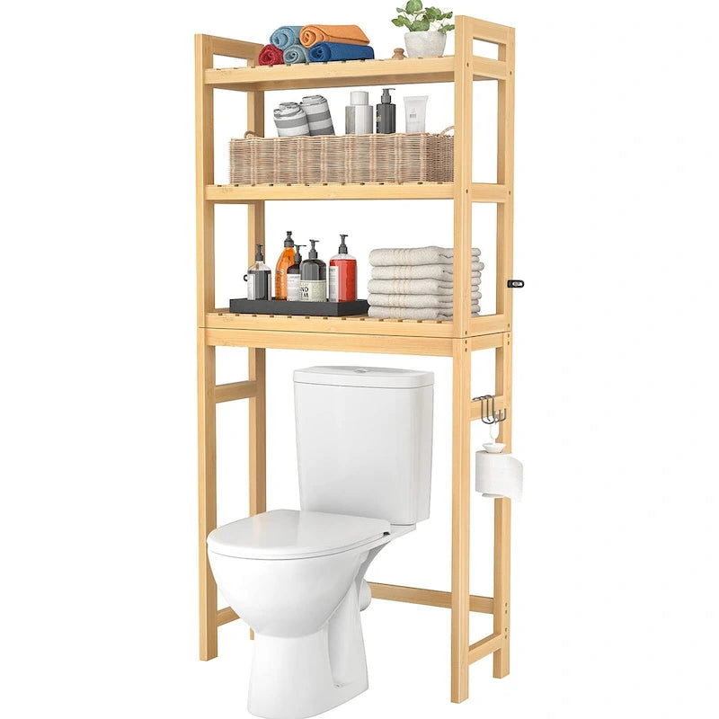 Étagère de rangement 3 niveaux en bambou à installer au-dessus des toilettes, avec 3 crochets, blanc / expresso / naturel / noir