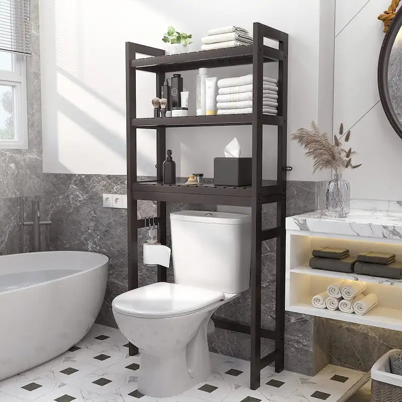 Étagère de rangement 3 niveaux en bambou à installer au-dessus des toilettes, avec 3 crochets, blanc / expresso / naturel / noir