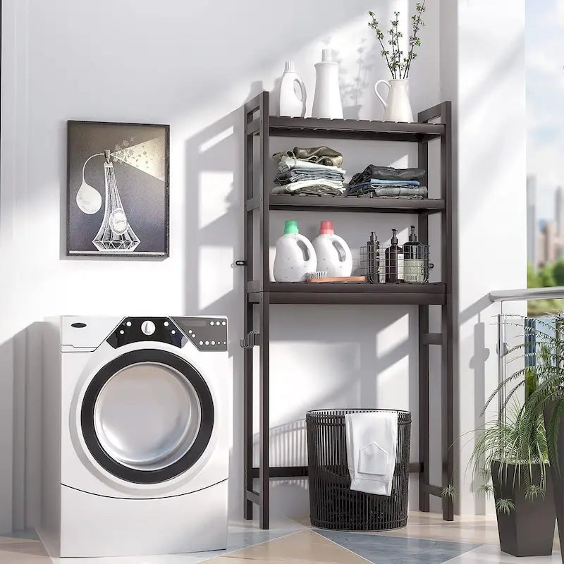 Étagère de rangement 3 niveaux en bambou à installer au-dessus des toilettes, avec 3 crochets, blanc / expresso / naturel / noir