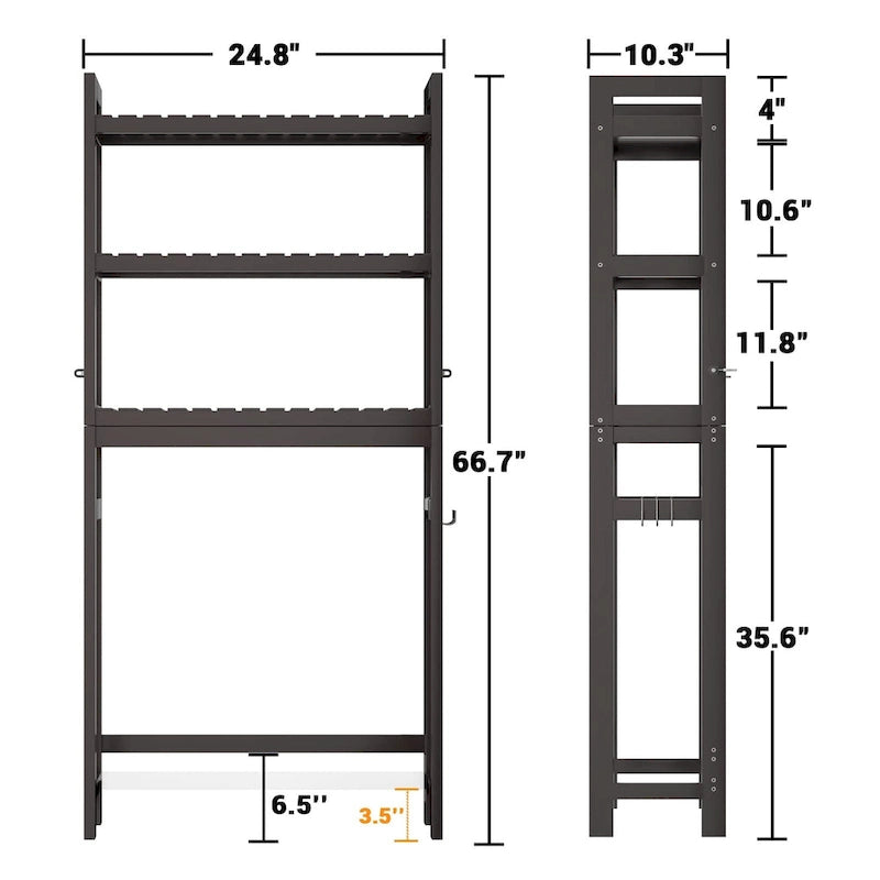 Étagère de rangement 3 niveaux en bambou à installer au-dessus des toilettes, avec 3 crochets, blanc / expresso / naturel / noir