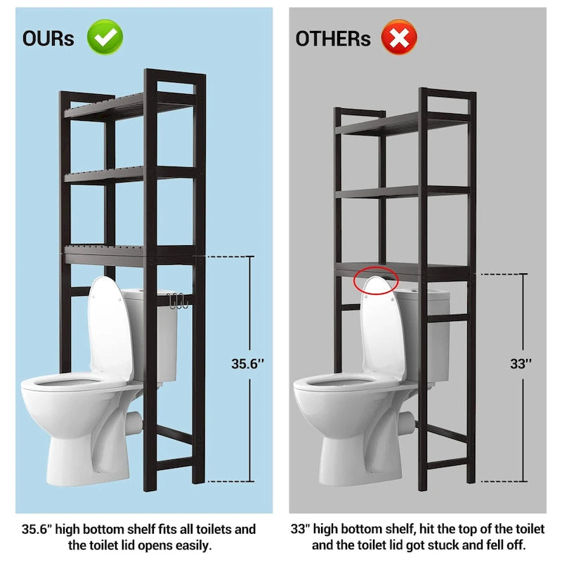 Étagère de rangement 3 niveaux en bambou à installer au-dessus des toilettes, avec 3 crochets, blanc / expresso / naturel / noir