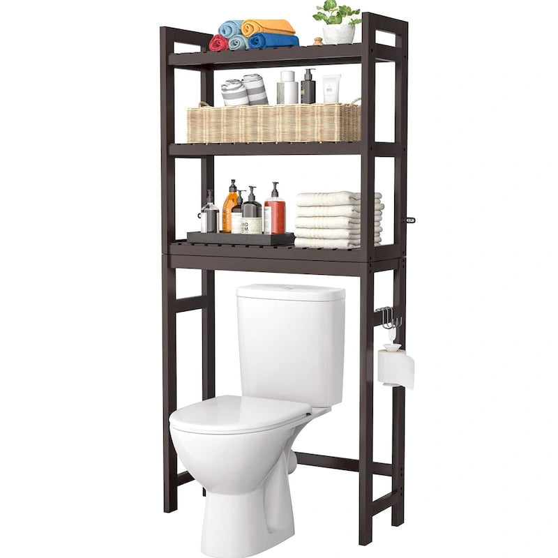 Étagère de rangement 3 niveaux en bambou à installer au-dessus des toilettes, avec 3 crochets, blanc / expresso / naturel / noir