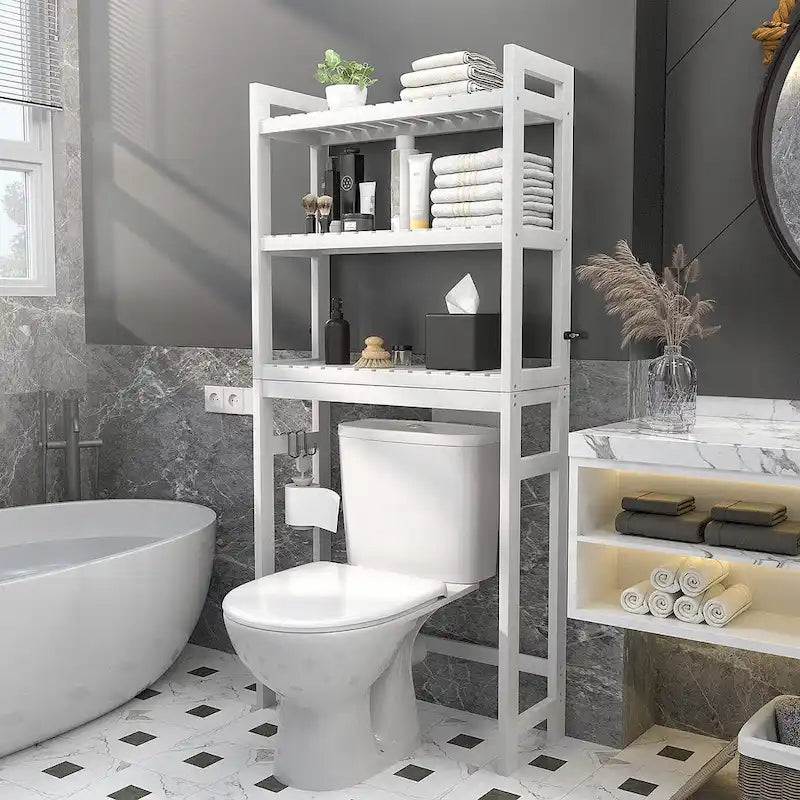Étagère de rangement 3 niveaux en bambou à installer au-dessus des toilettes, avec 3 crochets, blanc / expresso / naturel / noir