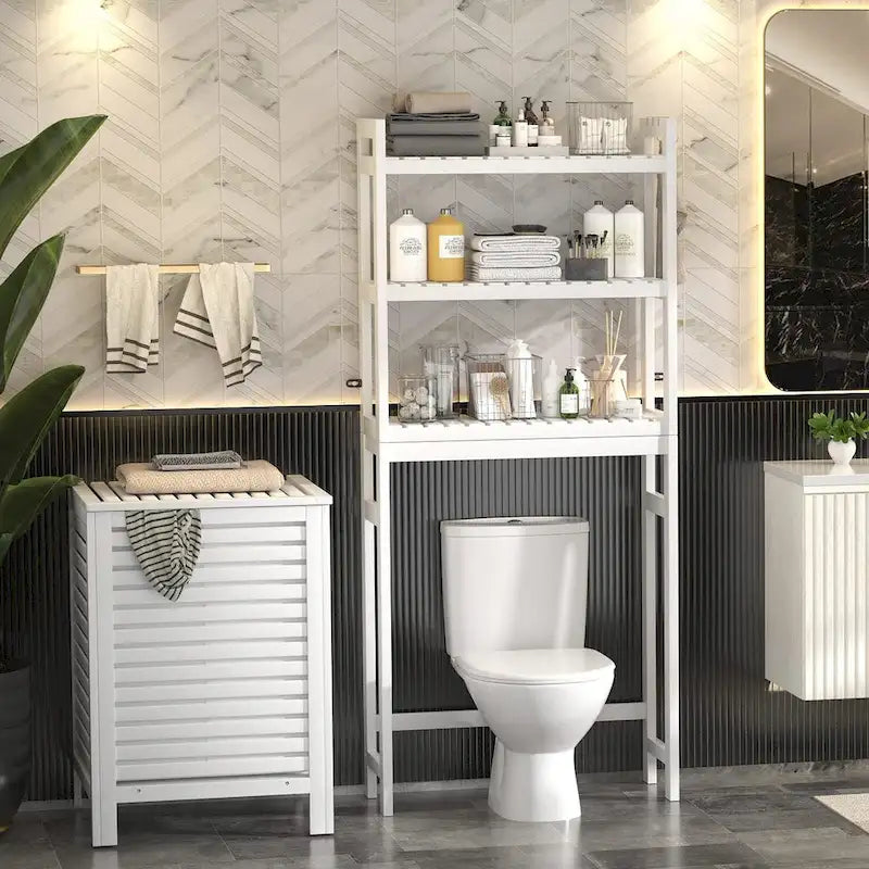 Étagère de rangement 3 niveaux en bambou à installer au-dessus des toilettes, avec 3 crochets, blanc / expresso / naturel / noir