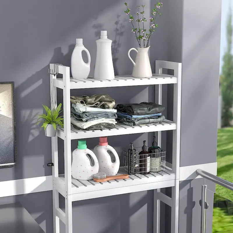 Étagère de rangement 3 niveaux en bambou à installer au-dessus des toilettes, avec 3 crochets, blanc / expresso / naturel / noir