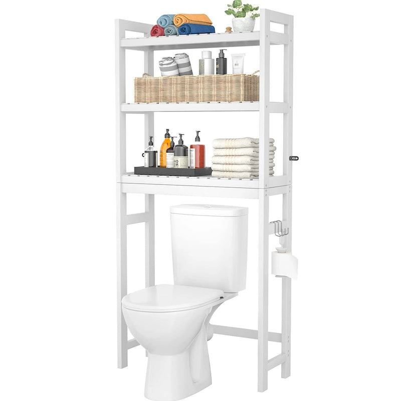 Étagère de rangement 3 niveaux en bambou à installer au-dessus des toilettes, avec 3 crochets, blanc / expresso / naturel / noir