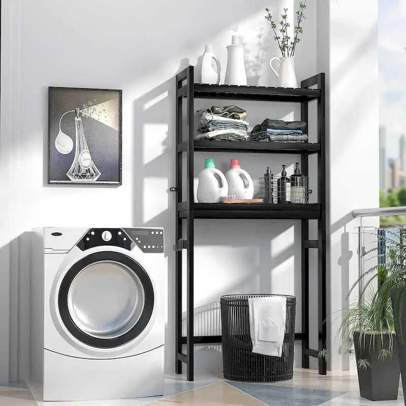 Étagère de rangement 3 niveaux en bambou à installer au-dessus des toilettes, avec 3 crochets, blanc / expresso / naturel / noir
